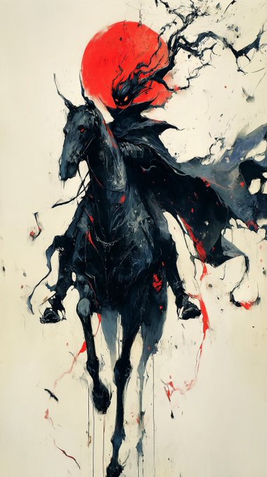 An ink-style illustration of a dark, menacing figure with glowing red eyes riding a black horse against a large red sun, with red splatter accents resembling blood.
