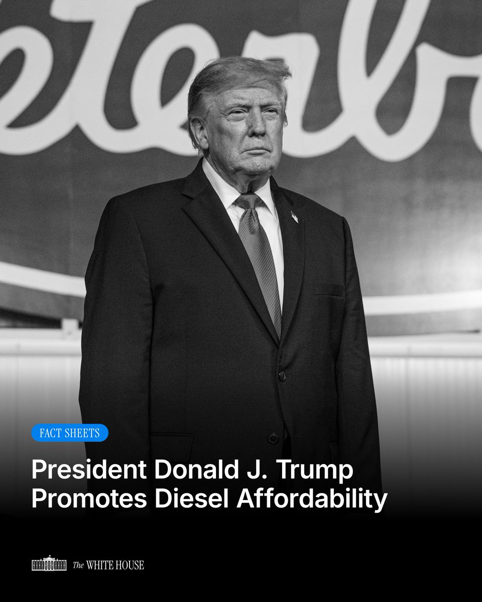 WhiteHouse's tweet photo. JUST NOW: President Donald J. Trump signs an Executive Order to temporarily allow off-road “dyed” diesel for highway use, lowering costs for Americans.

This action will put money directly BACK in the pockets of American farmers, truckers, &amp; workers. 🇺🇸 https://t.co/b6bNAsHLQU