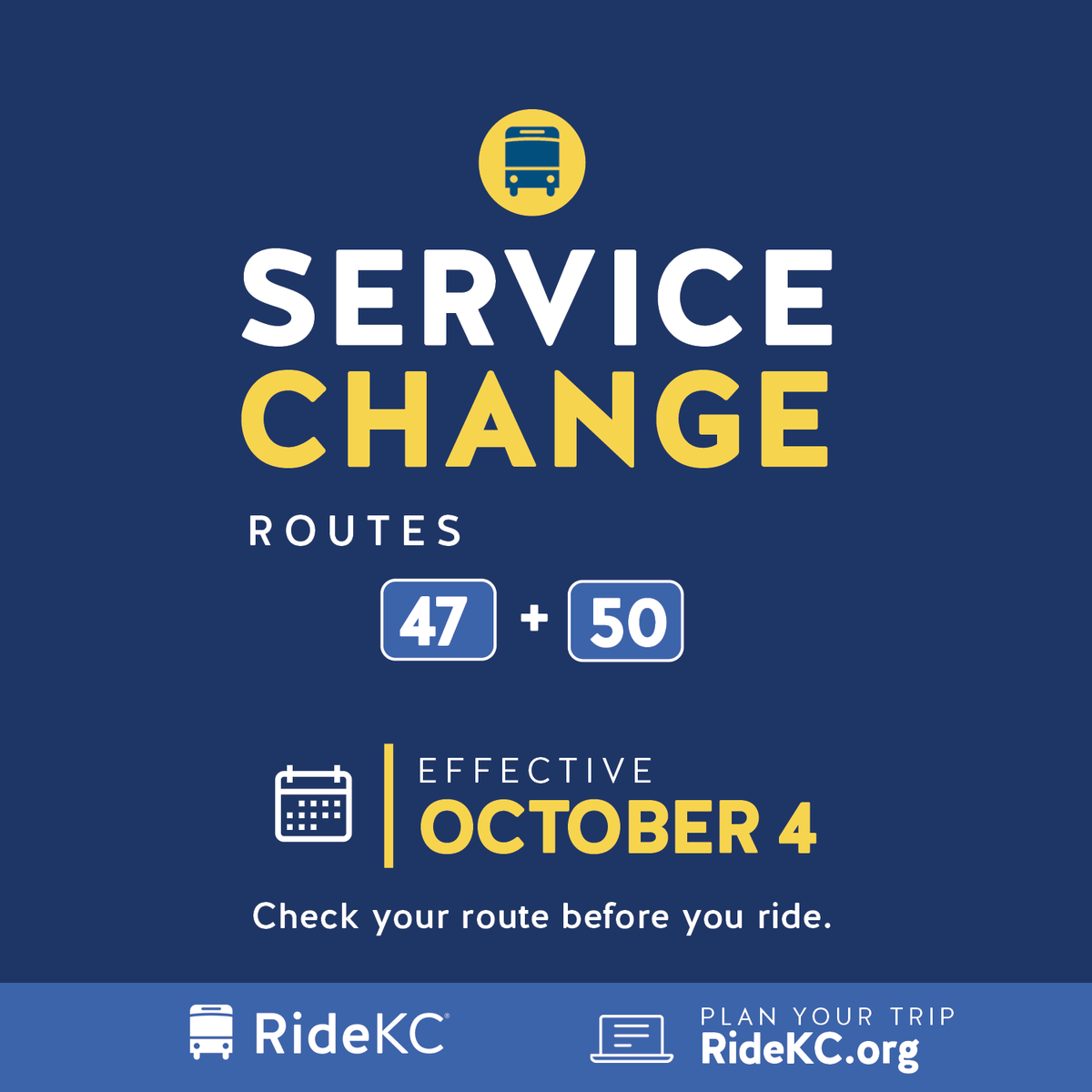 RideKCTransit's tweet photo. 🚌 Riding Routes 47 or 50? There are a few changes now in effect, so take a minute to check your route and updated schedule before your next ride.

📍 Learn more about the adjustments changes https://t.co/r9MRj4RoYI

#RideKC https://t.co/3xgu3YyKm3
