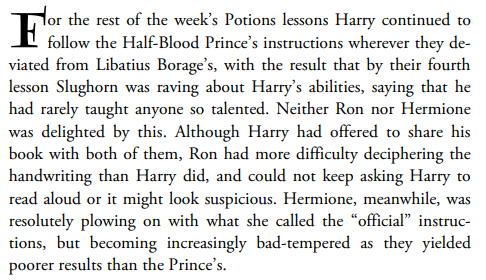 PalaverousSE's tweet photo. Ron as usual serves as the common sense by pointing out that this is obviously not cheating, he's just following instructions as he should, his are just better. Harry even offers to share them, but Hermione rejects them out of stubbornness. https://t.co/VOeHACFsIy