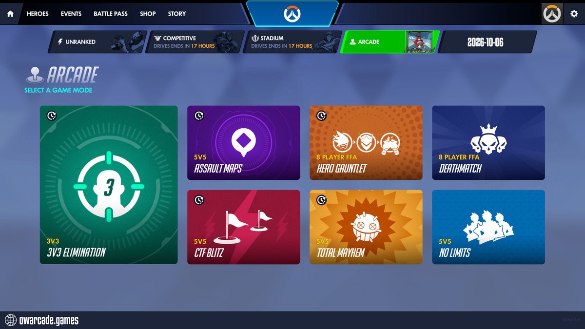 owarcadegames's tweet photo. Today in Overwatch Arcade - 2026-10-06
⭐ 3V3 ELIMINATION
ASSAULT MAPS / CTF BLITZ
HERO GAUNTLET / TOTAL MAYHEM
DEATHMATCH / NO LIMITS
#overwatch #overwatcharcade #totalmayhem https://t.co/0SzIHd4gAi