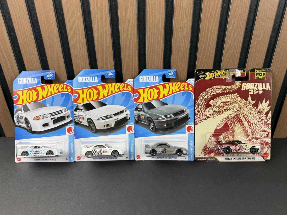 KaijuGT's tweet photo. And then the set was complete!

One of the best Skyline sets that never was—but is.

While the mainlines aren’t particularly rare by any means, to me personally, this “set” is one of the highlights of my collection, and I feel very proud of it.

#godzilla #nissanskyline #r32 #r33 #r34