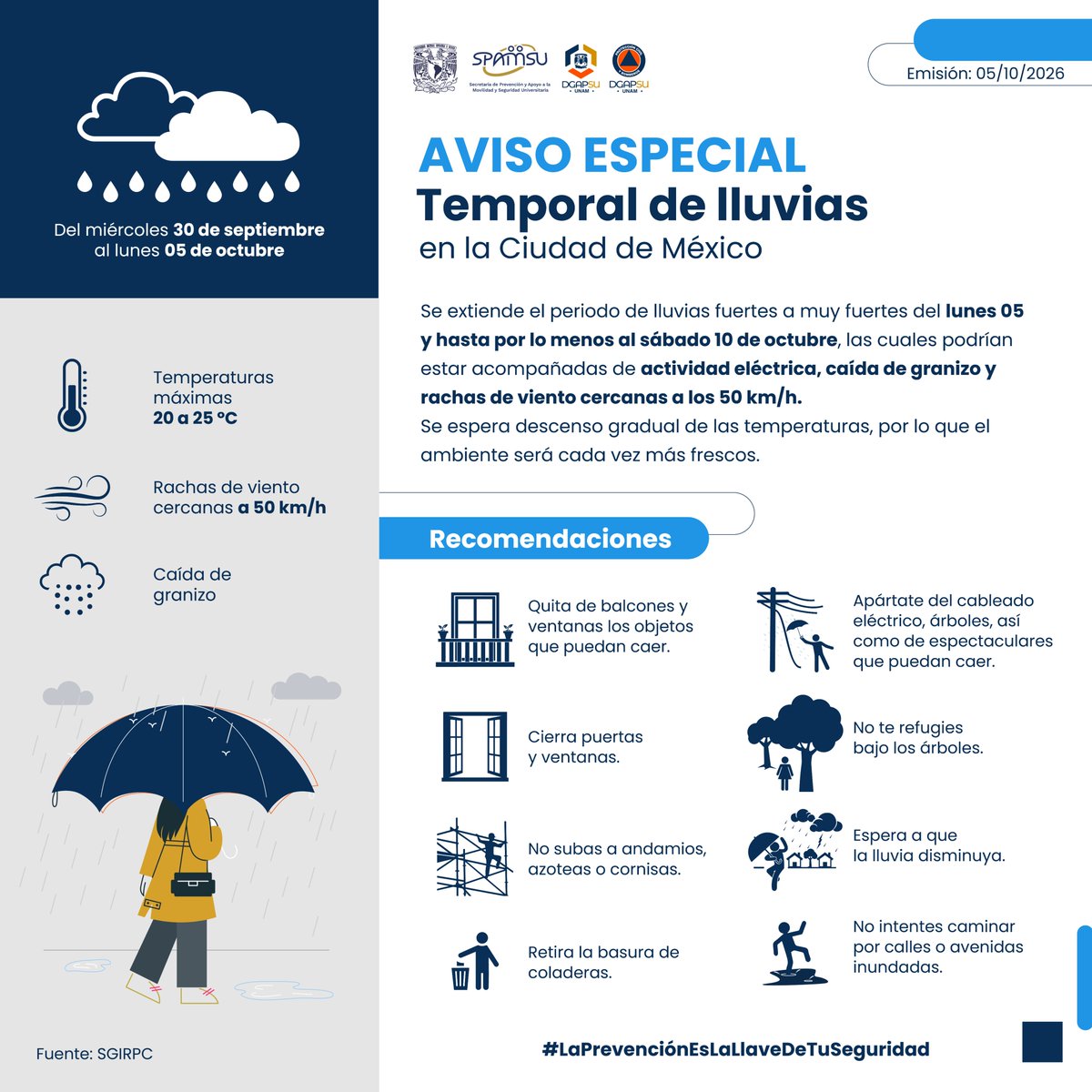 PCUNAM's tweet photo. ⚠️🌧 La @SGIRPC_CDMX  emite #AvisoEspecial por temporal de #lluvias en la Ciudad de México.  

Se extiende el periodo de lluvias fuertes a muy fuertes, acompañadas de actividad #eléctrica y rachas de #viento de 50 km/h. 

#LaPrevenciónEsLaLlaveDeTuSeguridad https://t.co/94rtoePfFE
