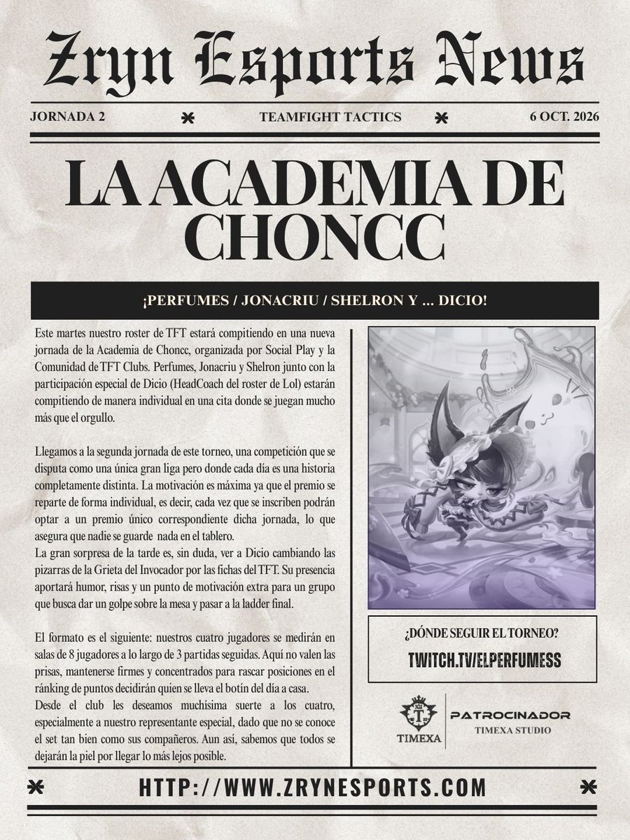 ZRYNesports's tweet photo. 📢 ¡HOY ES DÍA DE TFT CON LA ACADEMIA DE CHONCC!

Perfumes, Jonacriu y Shelron estarán compitiendo por llegar a la final a las 17.30 en esta 2nda Jornada.
Además, contamos con un invitado muy especial en las salas: ¡Dicio cambia la grieta por los dados de TFT! 

🟣#WeAreZRYN https://t.co/xZhDHwC5Jr