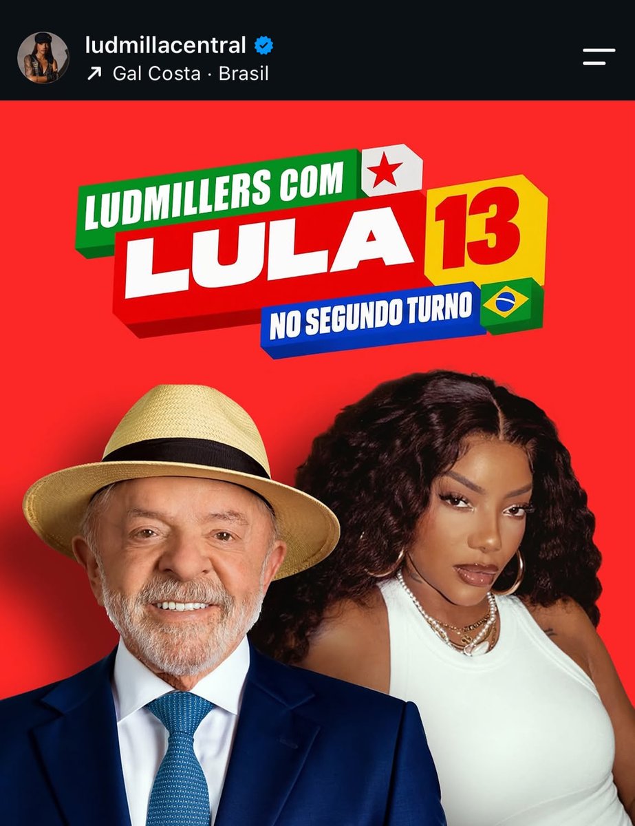 LudmillaGallery's tweet photo. A central de fãs oficial da Ludmilla declarou apoio ao Presidente Lula no segundo turno das eleições. https://t.co/rKzgaxO4uW