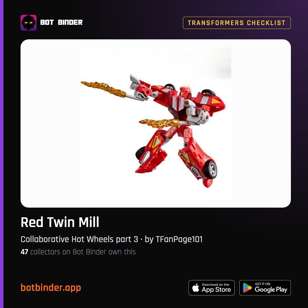 BotBinderApp's tweet photo. New Transformers Checklist episode from @TFanPage101: Red Twin Mill (Collaborative Hot Wheels part 3). 47 collectors on Bot Binder own this one.

https://t.co/KkRrUMwjA2
#Transformers #TwinMill

Check off your own collection. Join us on Bot Binder. https://t.co/YVMw0ghIW3