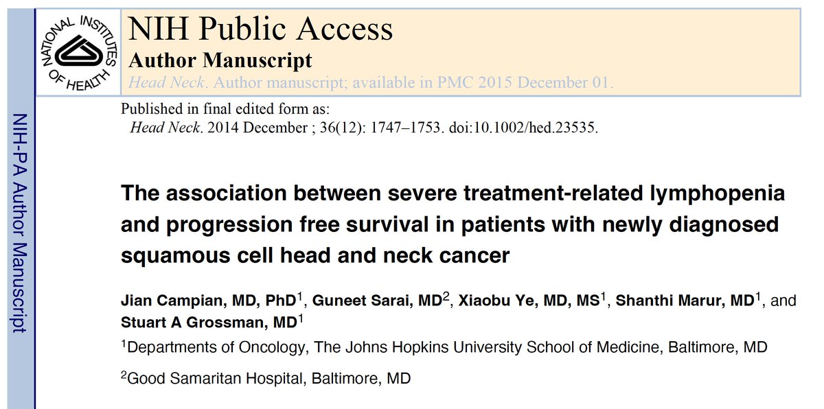 DrPatrick's tweet photo. This concern of low ALC is not new. Here is a paper over a decade ago - Treatment induced lymphopenia from radiation and chemo published by Johns Hopkins. The difference in mortality and progression is so clear. 

https://t.co/2UmZjDG7DY https://t.co/icZWa6CexE