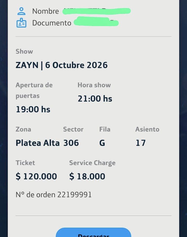 ttpdshe's tweet photo. VENDO ENTRADA de ZAYN Platea Alta, sector 306 fila G, asiento 17. La vendo a 80 mil. Compre Campo hace poco, busco recaudar un poquito y obvio que no me quede la entrada 🥹 https://t.co/Ew3VKuqFYm