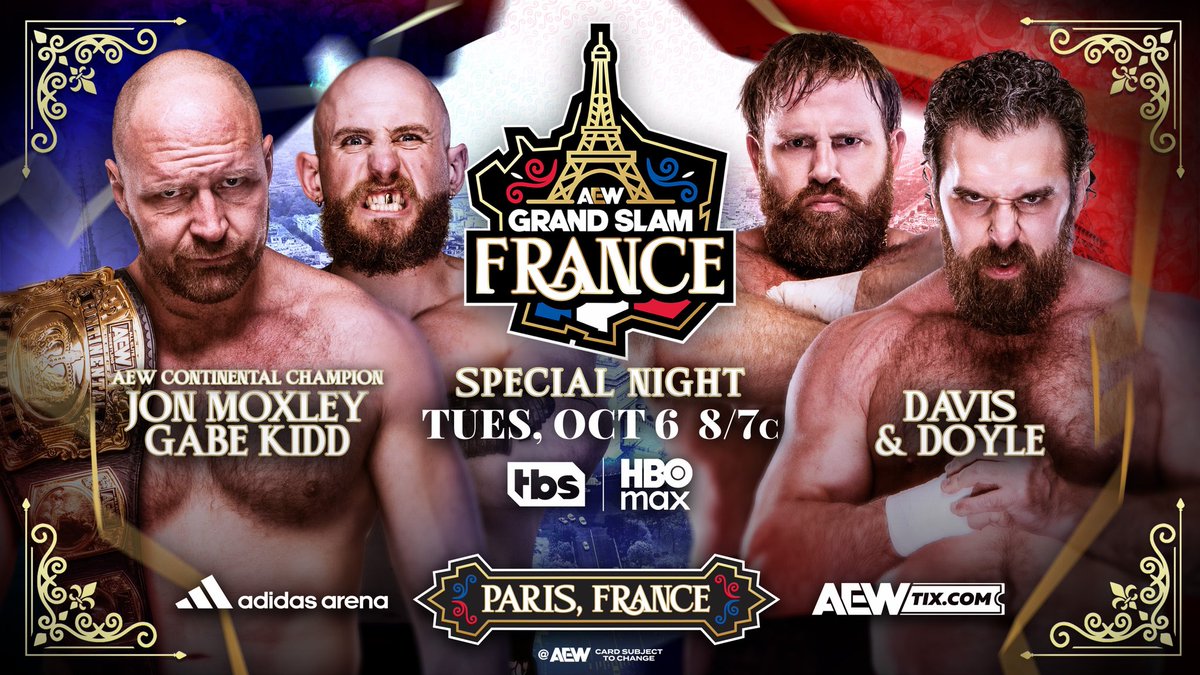 TonyKhan's tweet photo. #AEWGrandSlam France
8/7c, TOMORROW!
@JonMoxley/@GabeKidd0115 vs @DUNKZILLADavis/@JakeSomething_
After Saturday’s excellent Mox vs Doyle main event, Davis &amp; Doyle want to fight the Death Riders in Paris! Mox/Kidd vs Davis/Doyle on TUESDAY Night #AEWDynamite Grand Slam TOMORROW! https://t.co/KftXx4Iyqb