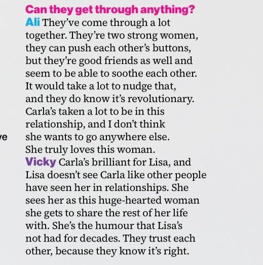LanaKlaineSWEN's tweet photo. My absolute favourite answer, Ali saying Carla truly loves this woman and Carla doesn’t wanna go anywhere and Vicky saying Carla’s brilliant for Lisa and Carla is the humour Lisa has needed for decades! #Corrie #Swarla https://t.co/nXAbV59UDz