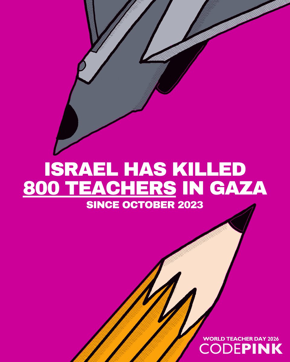 codepink's tweet photo. On World Teacher Day, we oppose Israel's deliberate attacks on teachers and the education system in Gaza.

This is scholasticide, armed by the United States. https://t.co/1lZvwfopbm