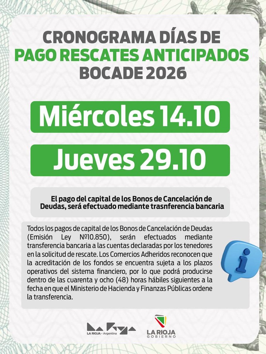chequeadaslr's tweet photo. 💪💲ESTE MARTES COMIENZA UN NUEVO OPERATIVO DE RESCATE DE CHACHOS
El @GobDeLaRioja pondrá en marcha este martes 6 un nuevo operativo de rescate anticipado de los Bonos de Cancelación de Deuda (Chachos)
#LaRioja #Chachos #Economía #Comercios #GobiernoDeLaRioja #Capital https://t.co/fukbwMzfg7