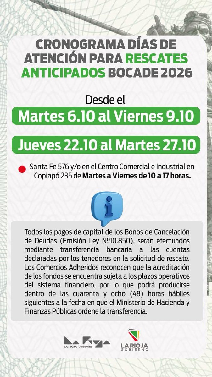 chequeadaslr's tweet photo. 💪💲ESTE MARTES COMIENZA UN NUEVO OPERATIVO DE RESCATE DE CHACHOS
El @GobDeLaRioja pondrá en marcha este martes 6 un nuevo operativo de rescate anticipado de los Bonos de Cancelación de Deuda (Chachos)
#LaRioja #Chachos #Economía #Comercios #GobiernoDeLaRioja #Capital https://t.co/fukbwMzfg7