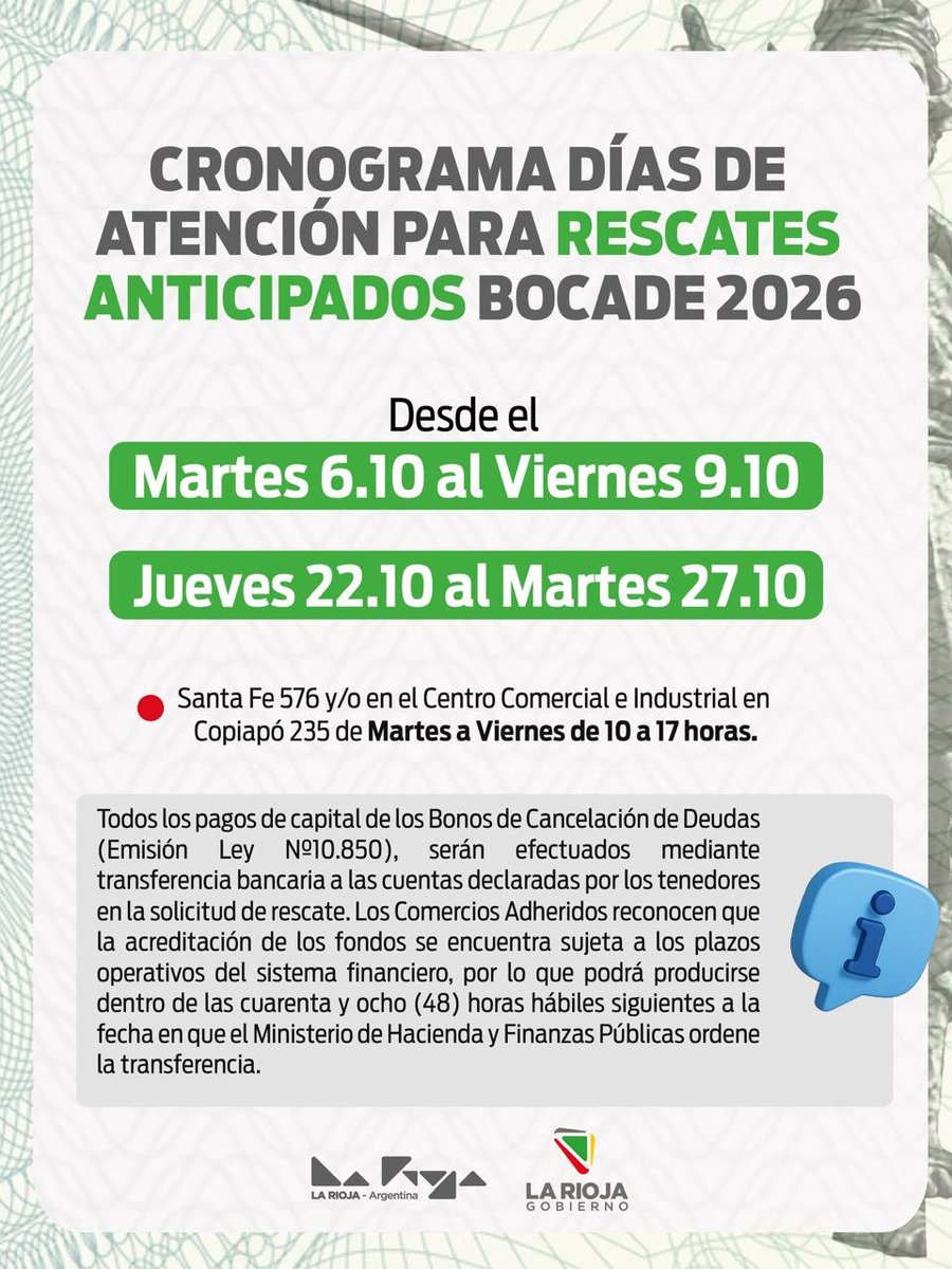 chequeadaslr's tweet photo. 💪💲ESTE MARTES COMIENZA UN NUEVO OPERATIVO DE RESCATE DE CHACHOS
El @GobDeLaRioja pondrá en marcha este martes 6 un nuevo operativo de rescate anticipado de los Bonos de Cancelación de Deuda (Chachos)
#LaRioja #Chachos #Economía #Comercios #GobiernoDeLaRioja #Capital https://t.co/fukbwMzfg7