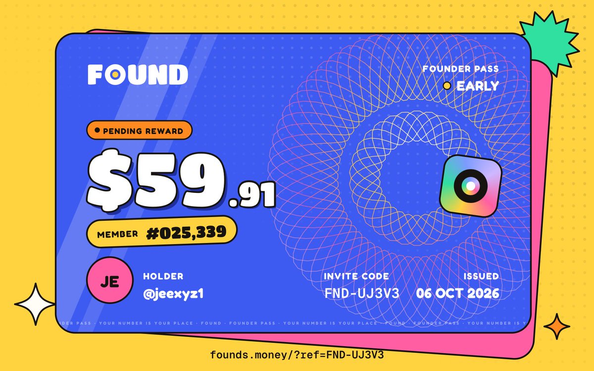 jeexyz1's tweet photo. Just joined FOUND and got a $59.91 pending reward.
Member #025,339. Claim opens after launch.

Get yours: https://t.co/O4i7egpniP https://t.co/OaJlmIrjXo
