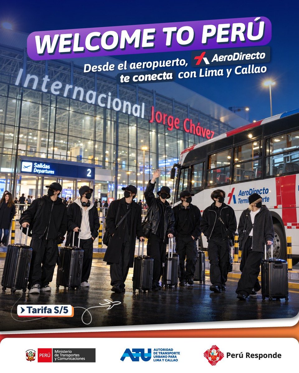 ATU_GobPeru's tweet photo. 💜 ¡ 𝐁𝐢𝐞𝐧𝐯𝐞𝐧𝐢𝐝𝐨𝐬 𝐚𝐥 𝐏𝐞𝐫𝐮́, 𝐁𝐓𝐒!

La primera parada ya está lista. 🇵🇪✈️
Y para quienes también llegan a Lima, #AeroDirecto conecta el aeropuerto con distintos puntos de la ciudad. 🚌

Porque todo gran viaje empieza desde que aterrizas. 💜 https://t.co/7mBNxSTvQW