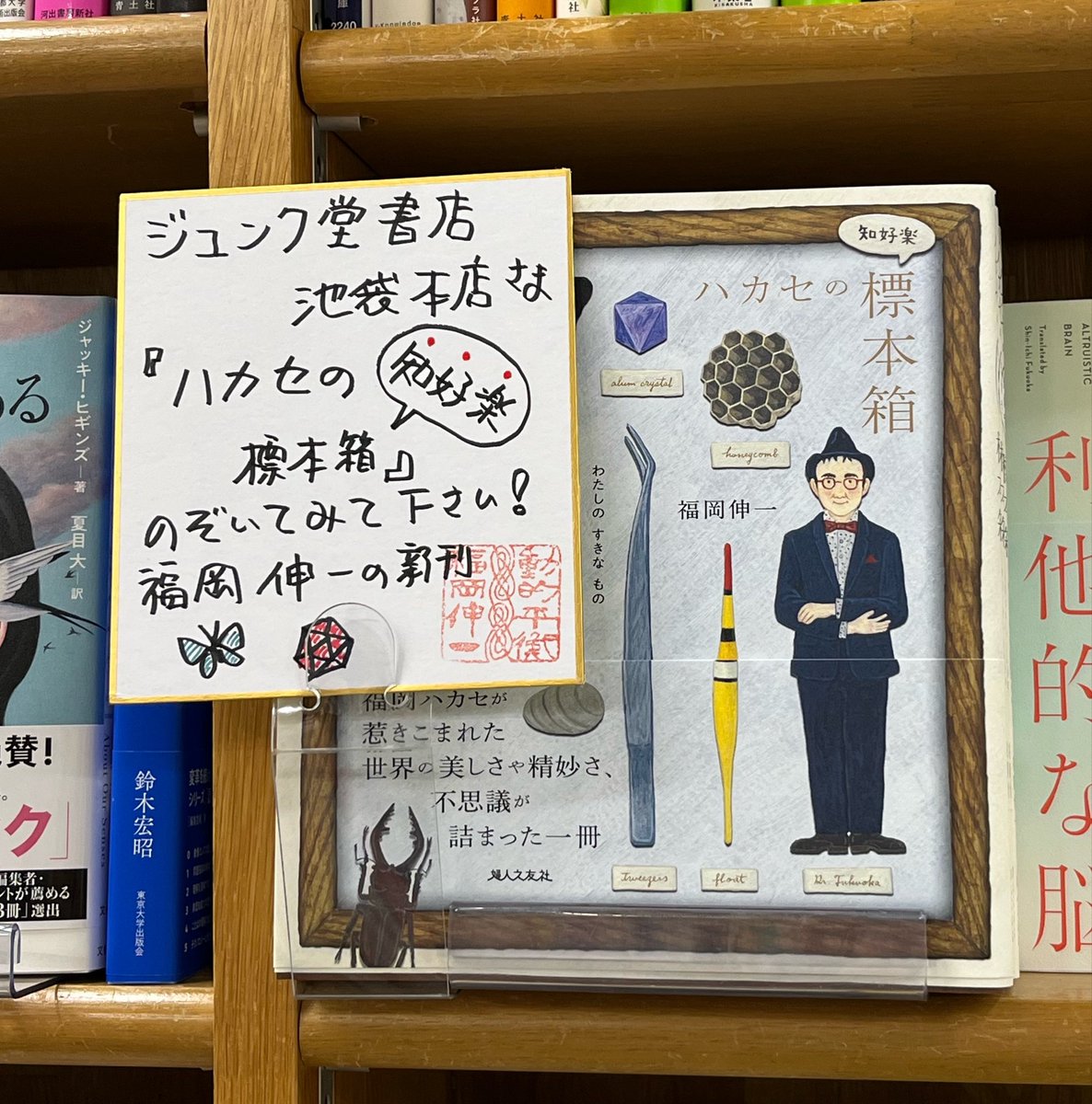 fujinnotomosha's tweet photo. 先週土曜日、盛会のうちに『ハカセの〈知好楽〉標本箱』出版記念講演会を終えられた福岡伸一先生のサイン色紙をお届けにジュンク堂書店池袋本店へ。
店頭ではドドーンと多面展開中です！！
先生のご著書が並ぶ自然科学の棚に憧れを覚えます。
#わたしのすきなもの https://t.co/ugwAOwjCZM