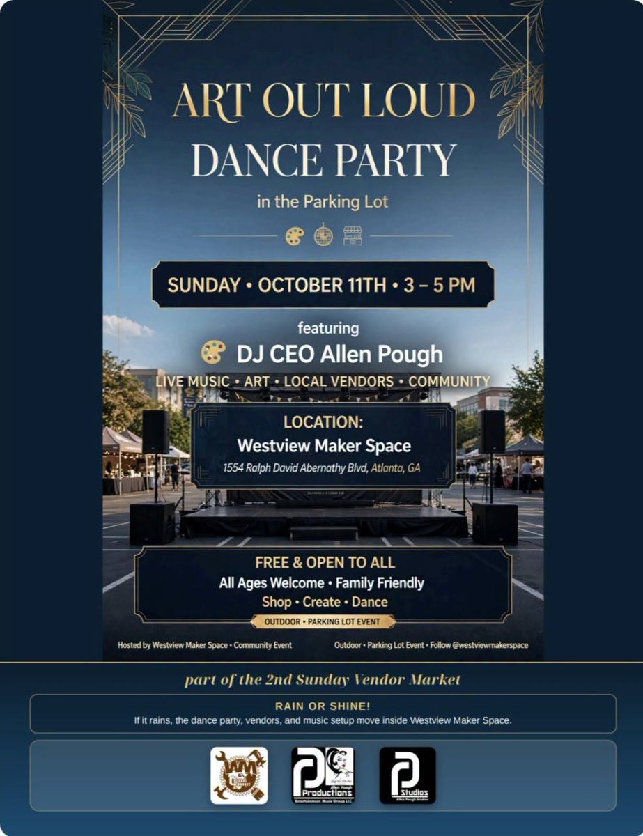 LadyVeeEvents's tweet photo. Rain can't cancel your weekend plans — BOTH Art Out Loud shows are rain-proof now. Open Mic Sat Oct 10 inside Westview Maker Space + Dance Party Sun Oct 11 rain or shine. One weekend, two shows. See you there! 🎶 🎟️ https://t.co/J3EbGTyFp2 https://t.co/eUjirh1G28