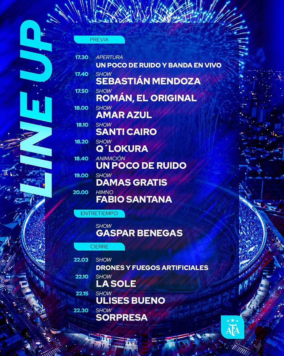 Argentina's tweet photo. #SelecciónMayor Con ustedes, el Line Up de una noche eterna 📋✔️

🥹 Vamos a emocionarnos, pero también a cantar y bailar 🎶🪩

🗓 Martes 6 de octubre

📍 Estadio Monumental https://t.co/yvZhJDOfzr