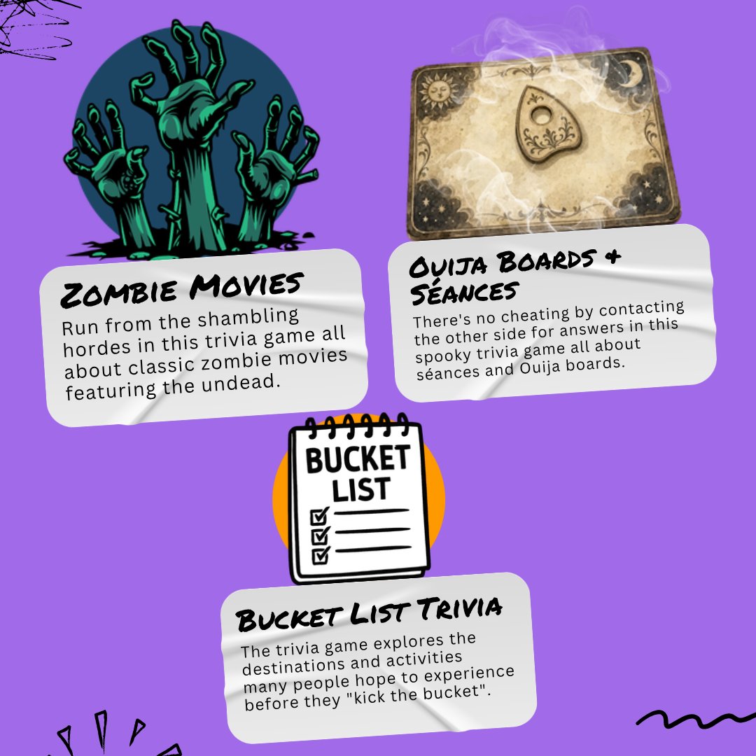 crowdpurr's tweet photo. 🎃 Our trivia lineup is looking frightfully fun! 🧟‍♀️ From the undead in cinema to dream destinations and more, our new weekly games are hauntingly good.

Play them in the #trivia library 👉️ https://t.co/j7Q53AHqwM

#ZombieMovies #BucketList #OuijaBoards #Architecture #TriviaGame https://t.co/ghQF19SV33