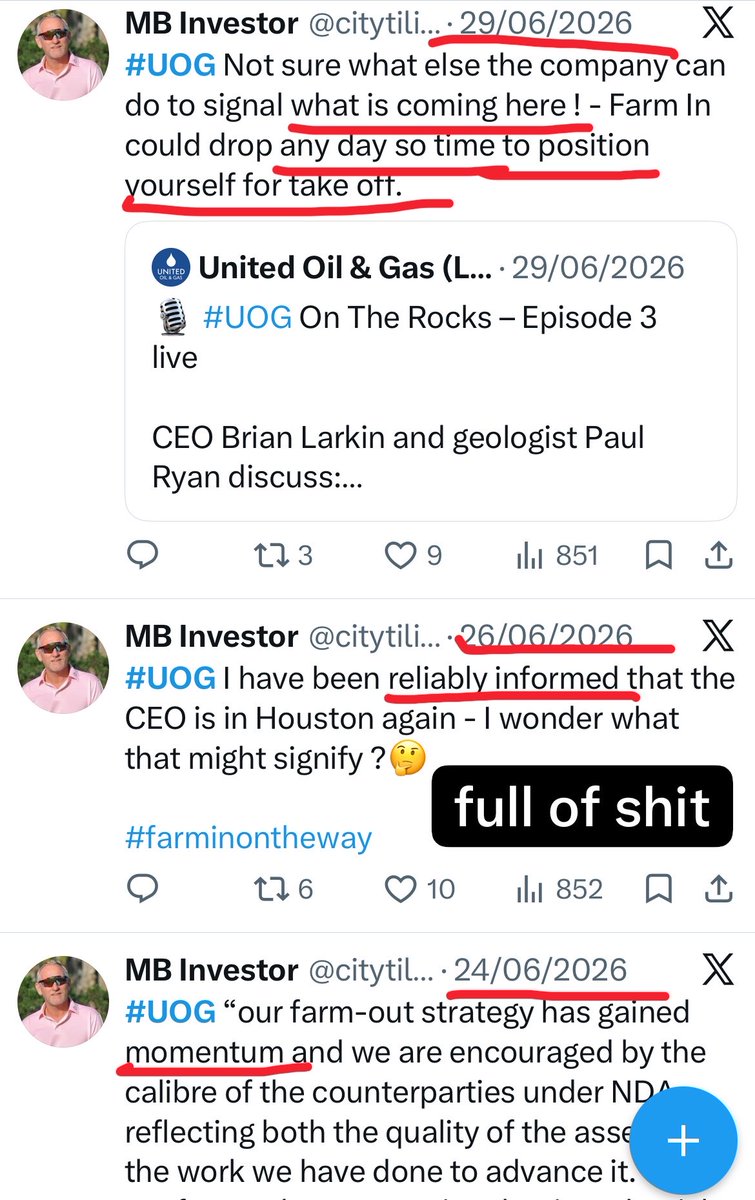 MiningGiant1982's tweet photo. “momentum” eh🙄
Your desperation is actually working against #UOG shareholders.
The less you say, the better.
Let @UOGPLC get on with it, all your “private” discussions with Brian being posted everywhere are very damaging & are affecting the credibility of the company!
🤫 https://t.co/o5ULE5ZdeI