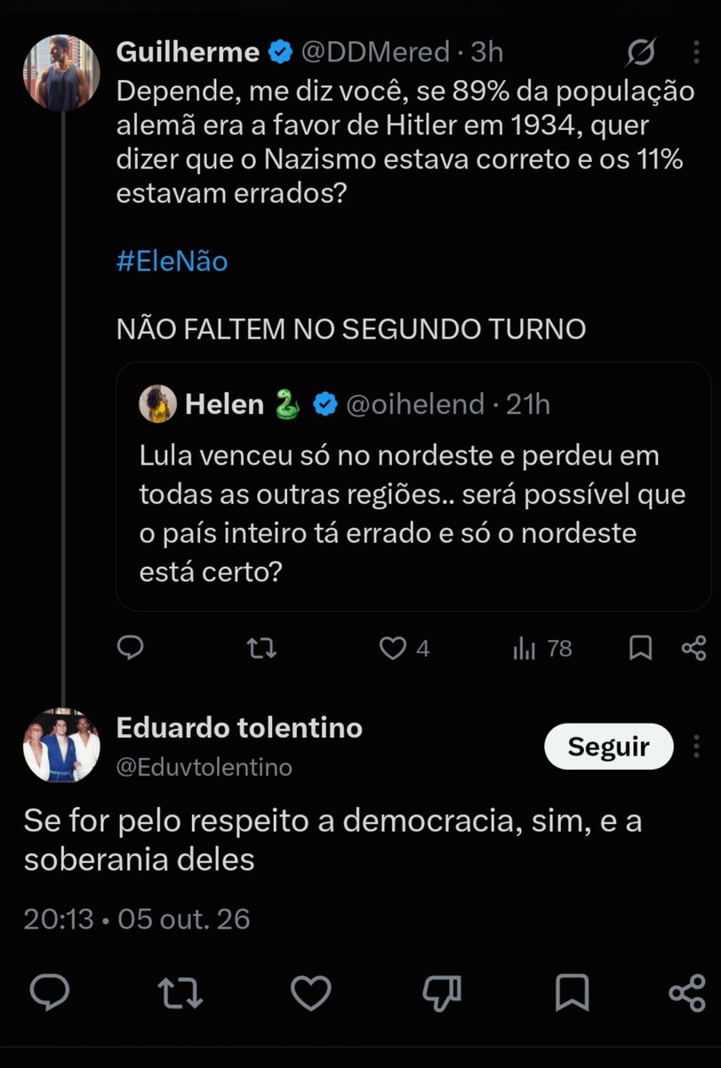DDMered's tweet photo. Olha o nível do bolsonazista, defendendo o nazismo enquanto fala em respeito a democracia. 
Isso não tem nem graça, realmente dá medo do que essa galera espera de um governo Flávio Bolsonaro.
#EleNão 
NÃO FALTEM NO SEGUNDO TURNO https://t.co/MhsGH9pO32