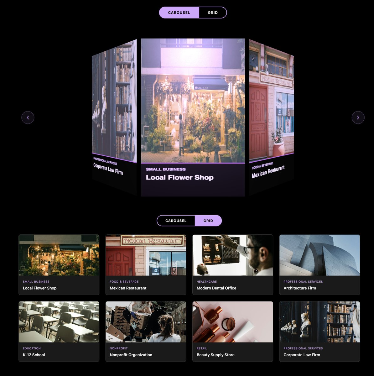 FlechaWebDesign's tweet photo. Working on expanding different ways to view demo websites by creating both carousel and grid options. https://t.co/4ScnTKwxzm
