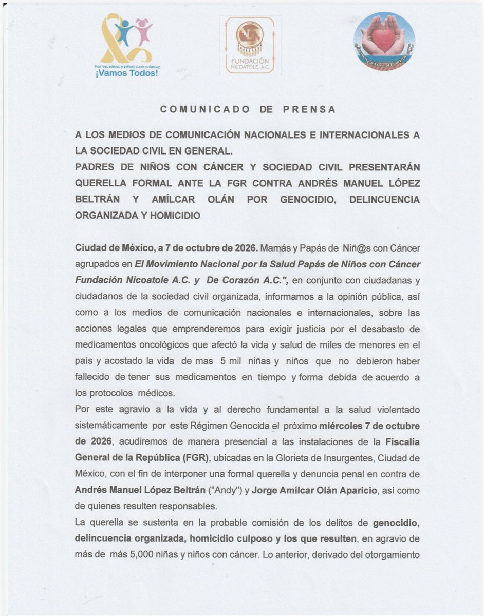 LuisCardenasMx's tweet photo. 🚨 Padres de niños con cáncer denunciarán ante la FGR a “Andy” López Beltrán y Amílcar Olán

Organizaciones de padres de menores con cáncer anunciaron que el próximo 7 de octubre presentarán una denuncia penal contra Andrés Manuel López Beltrán y Jorge Amílcar Olán Aparicio por la presunta comisión de delitos de genocidio, delincuencia organizada y homicidio culposo.

Los denunciantes vinculan el desabasto de medicamentos oncológicos con presuntos contratos irregulares, compras simuladas y empresas fantasma, y aseguran que más de 5 mil menores habrían sido afectados.

La denuncia será presentada ante la FGR; corresponderá a las autoridades determinar si existen elementos para proceder penalmente.