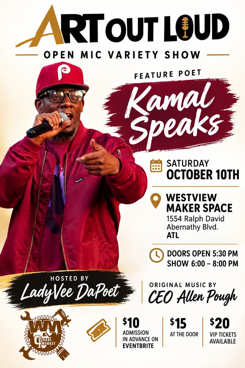 LadyVeeEvents's tweet photo. 5 DAYS OUT 🎤 The Art Out Loud Open Mic: Speak Your Truth Edition is INSIDE Westview Maker Space this Saturday — rain or shine, free parking, bring your snazzy umbrella. Ft. Kamal Speaks. Who's taking the mic? 🎟️ https://t.co/J3EbGTyFp2 https://t.co/b7OnNOAQcZ