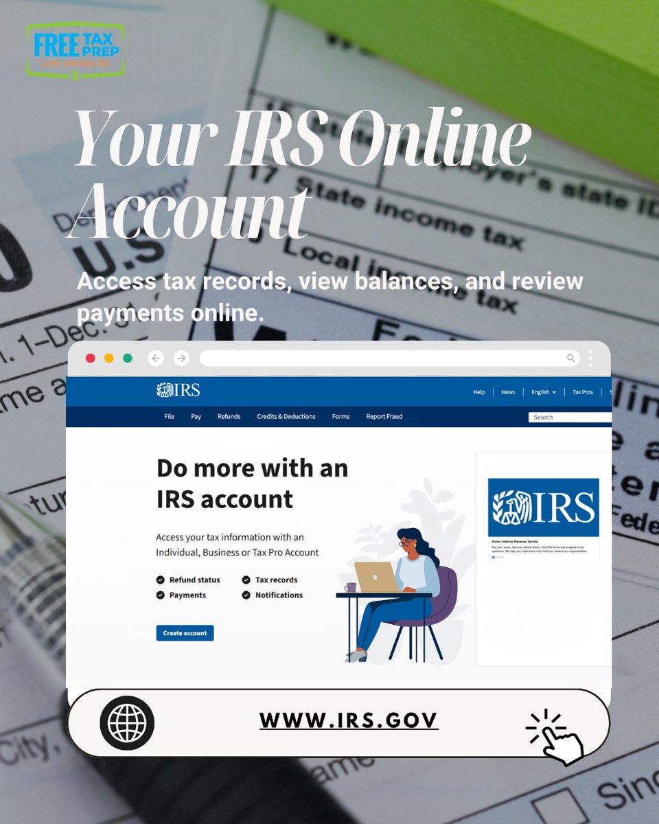 FreeTaxPrepLA's tweet photo. Your IRS Online Account gives you secure access to important tax information, including balances, payment history, transcripts, notices, and payment options.

Visit https://t.co/sGbLEZCmJz to sign in or create an account.

Need assistance? #FTPLA is here to help https://t.co/6n6ay9k4CF