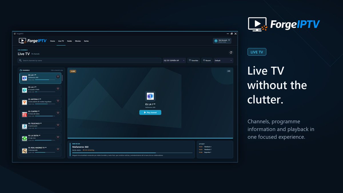 ForgeIPTV's tweet photo. A few favorite channels can turn a huge list into something you actually enjoy using.

ForgeIPTV keeps favorites, recent channels and Now/Next programme information within reach on Windows.

https://t.co/eJtOuaK0c9

#LiveTV #IPTV #WindowsApp https://t.co/vabRFRTk1j