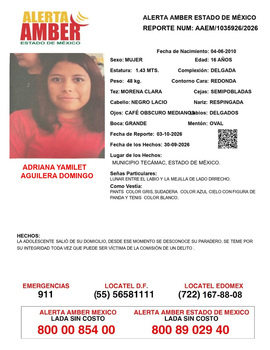 FiscaliaEdomex's tweet photo. 📍Tu apoyo es importante, ayúdanos a difundir, cualquier información para localizar a la siguiente persona comunícate al 📞 800 890 2940 Alerta Amber EDOMEX y ☎️ 800 7028 770 #FiscalíaEdoméx. https://t.co/ts88pra3F8