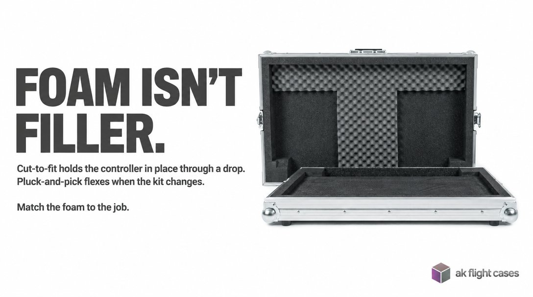 akflightcases's tweet photo. Foam isn't filler. The interior cut - not the plywood - is what decides whether a controller survives a drop. Cut-to-fit locks the NS6II in place; pluck-and-pick flexes when the kit keeps changing. Match the foam to the job. https://t.co/yaoeSpt3gp
