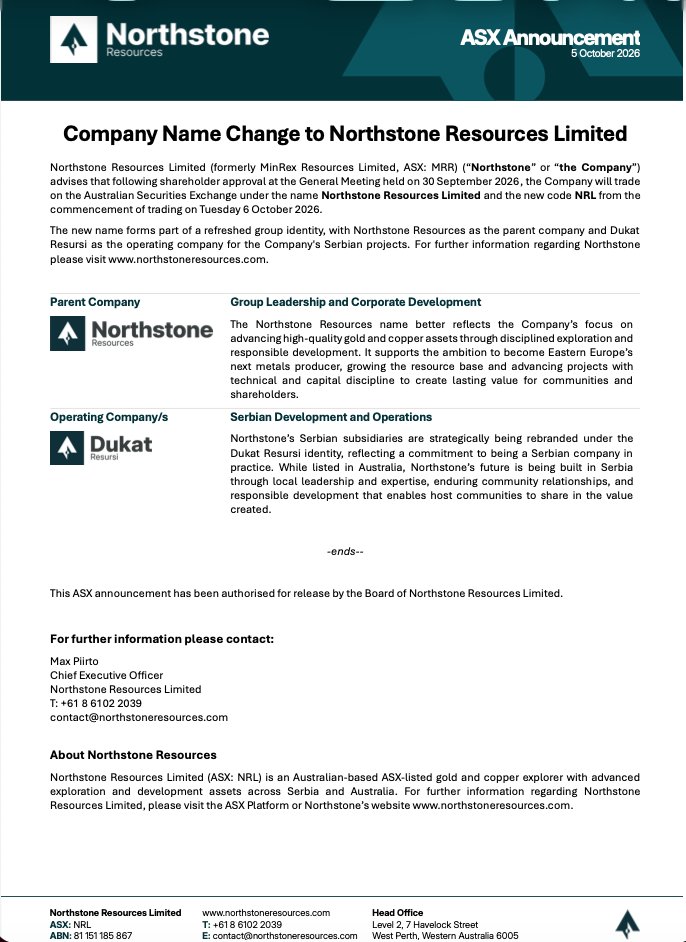 NorthstoneRes's tweet photo. MinRex Resources has officially become @NorthstoneRes. The Company will commence trading on the ASX under its new name and ticker NRL from today (Tuesday), 6 October 2026.

Welcome to the next chapter, @NorthstoneRes.

#ASX #NRL #Mining #Exploration https://t.co/VEwqXL813E