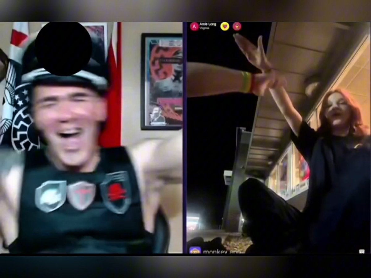 The image shows a split-screen video call with "Gypsy Crusader" (wearing a tactical vest with patches) laughing on the left side, and a young woman on the right celebrating with her hands raised at what appears to be an outdoor nighttime venue labeled "monke" with her username "Annie Long Regina" displayed at the top. The image relates to the post by capturing the moment of encounter between the two, with Gypsy Crusader visibly amused and Annie appearing excited or triumphant during their live stream interaction.