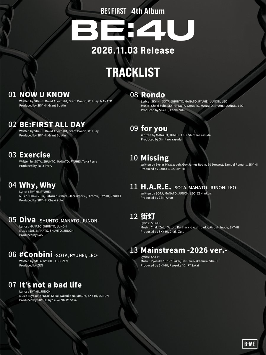 BEFIRSTofficial's tweet photo. 2026.11.03
BE:FIRST 4th Album『BE:4U』

Tracklist

🔗https://t.co/YYl5DdW5Dm

#BE_4U 
#BEFIRST #BEFIR5T https://t.co/oktO115IHl
