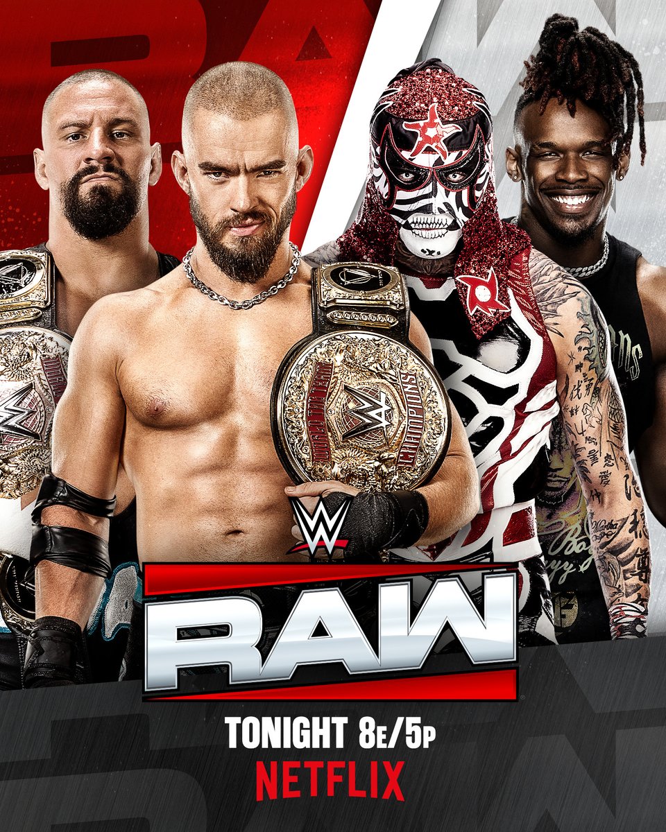 WWE's tweet photo. .@bronbreakkerwwe and @_Theory1 take on @PENTAELZEROM and @WWEJeVonEvans TONIGHT on #WWERaw! 👊

📍: St. Louis, MO
🎟️: https://t.co/2HeRuCkad0
📺: 8 ET/5 PT on @netflix https://t.co/pNFFXdIT5G