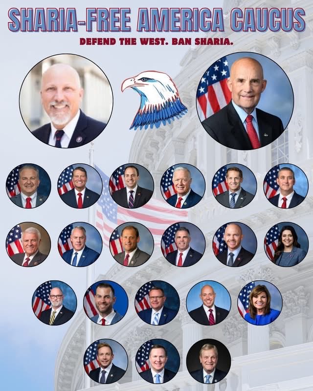 A political promotional graphic with two large circular portraits near the top and many smaller circular portraits of people arranged below. An illustrated bald eagle, American flags, and a pale government-building backdrop are also shown. There is prominent headline and slogan text.