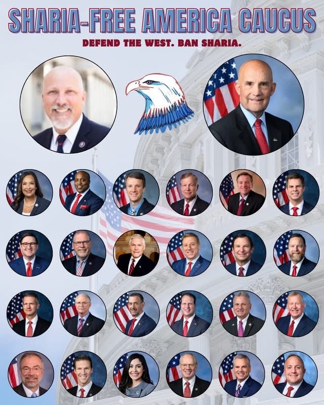 A political poster featuring two large portraits at the top, a stylized bald eagle between them, and rows of smaller circular portraits below. The background includes a government building and an American flag. Large slogan text appears across the top.