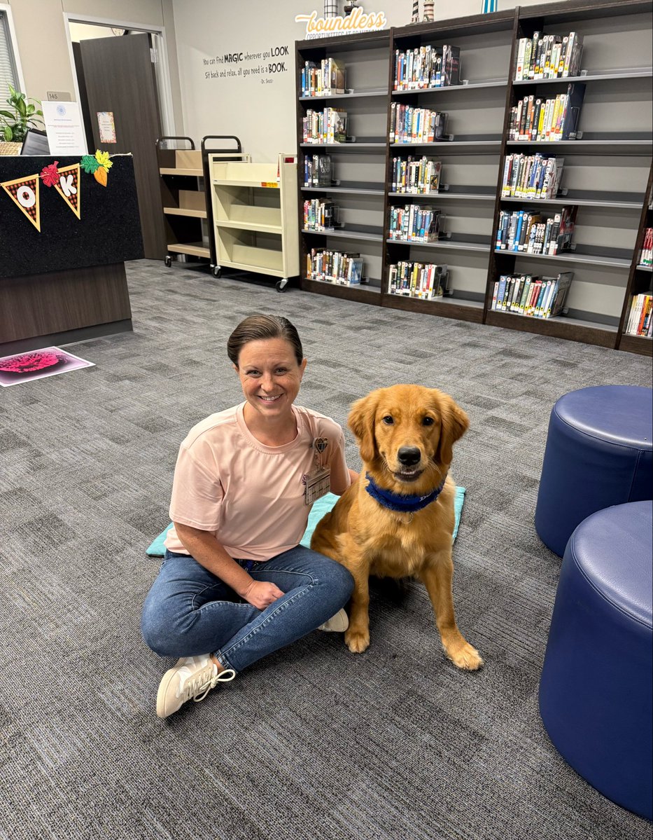 librarianKD's tweet photo. Last Friday I got to introduce @BrautigamCenter students and staff to the joy of @comfort_dogs at lunch! Everyone left with smiles on their faces! Ginger and Raven were the stars of the library! Then, I got to enjoy our Final Chapter Friday with games, books, and sticker art. https://t.co/yJWfy21Dg5