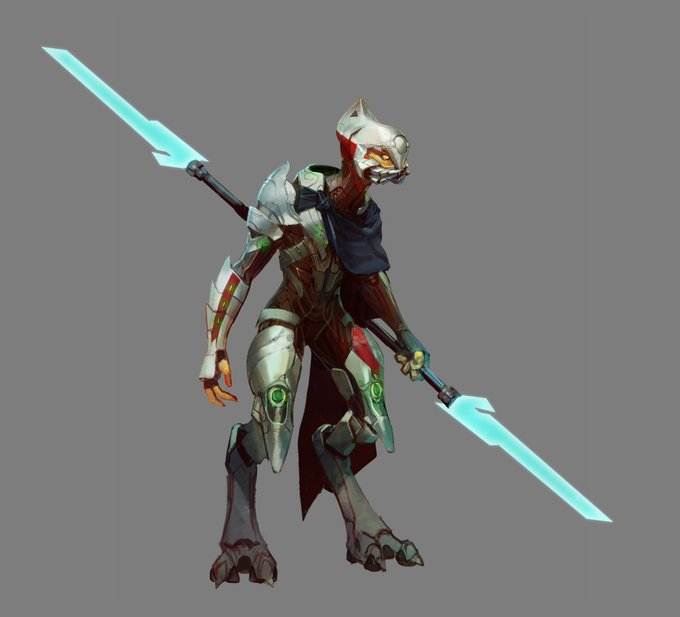 The image depicts a tall, reptilian alien warrior clad in sleek silver and red armor, wielding two glowing cyan energy spears and wearing a tattered dark cape. The armored figure embodies the fierce, agile combatant the poster had in mind when they praised the character's striking design.