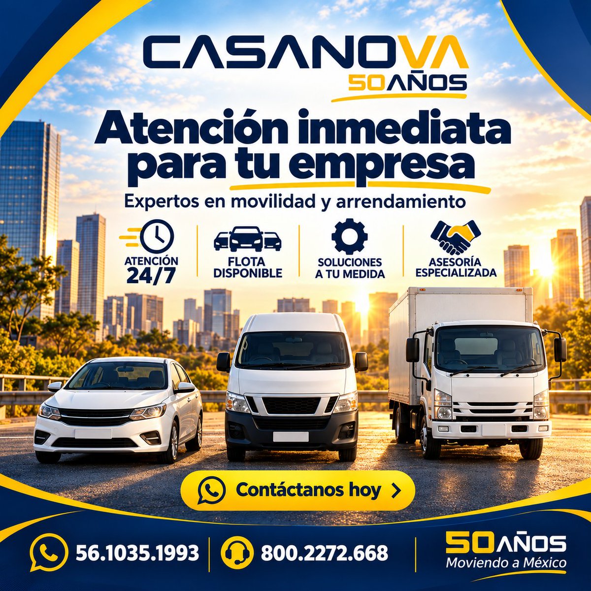 ElFinanciero_Mx's tweet photo. 🚗 50 años moviendo a México, y vamos por más.

En Casanova Rent tenemos una solución de movilidad para cada necesidad:

🚙 Fleet – Arrendamiento full service con seguros, mantenimiento y asistencia 24/7
📋 Leasing/Renting – Arrendamiento puro para todo tipo de equipos, planes de 6 a 60 meses
🔑 Renta Diaria – Desde compactos hasta camiones de 3.5 toneladas
📡 Telematic – Rastreo satelital y administración de flotillas en tiempo real
🚘 Seminuevos – Venta de unidades con opciones de financiamiento

¿Tu empresa/negocio necesitan moverse? Nosotros lo resolvemos.

📲 WhatsApp: 56.1035.1993
☎️ 800.227.2668
🌐 https://t.co/kIeVvev0Uv
📸 Síguenos en redes sociales: @casanovarentmx