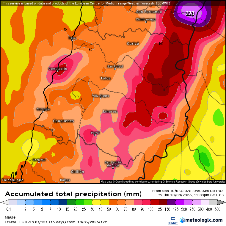 EdoWeatherman's tweet photo. Actualización alerta por lluvias intensas y anormales.

Un activo sistema frontal comienza a ingresar al continente, el cual producirá lluvia, muy intensa a ratos, en sectores de la zona central y sur.
Es importante señalar que las recientes actualizaciones muestran pulsos importantes en sectores de las regiones de Valparaíso, Metropolitana, O'Higgins y Maule. Los montos podrían superar los 60-80 mm en 24 horas, en algunas localidades de estas regiones. No se descartan eventuales 100 mm o más hacia interior y cordillera.
La región de Coquimbo concentrará la mayor cantidad en la parte sur con montos sobre 20-40 mm.
Desde Ñuble al sur se proyectan 35-75 mm en promedio.

Respecto al viento, será moderado de 40-60 km/hr, principalmente en costa.
En relación a tormentas eléctricas, el miércoles 7 se espera la mayor probabilidad, en interior de la zona central y sur. Sin embargo, el jueves también se esperan probables tormentas eléctricas. Cuidado porque estarían acompañadas de granizadas.

La isoterma se moverá entre 2200-2800 msnm, lo que puede causar complicaciones.

Será un evento anormal e intenso para octubre.