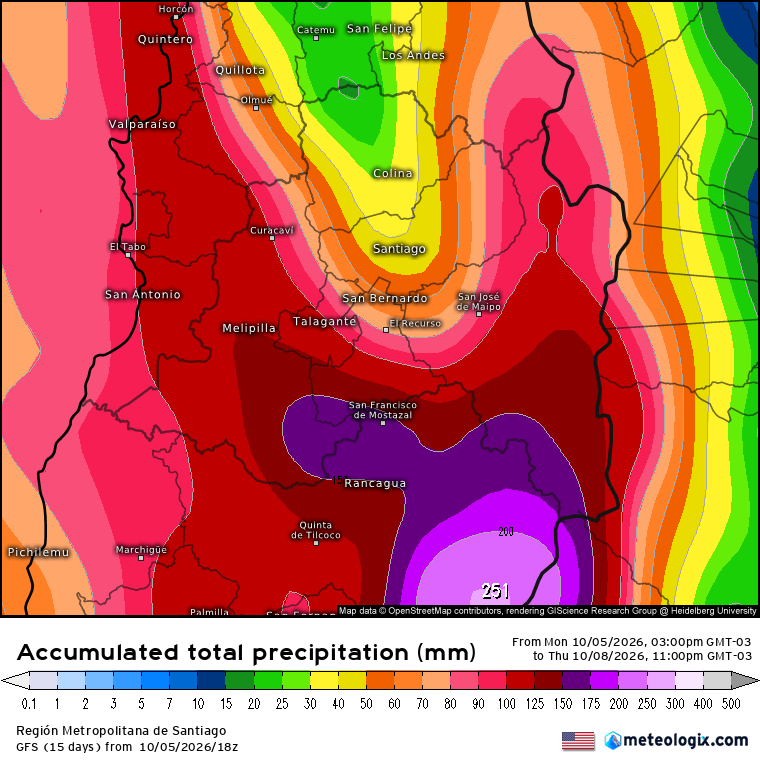 EdoWeatherman's tweet photo. Actualización alerta por lluvias intensas y anormales.

Un activo sistema frontal comienza a ingresar al continente, el cual producirá lluvia, muy intensa a ratos, en sectores de la zona central y sur.
Es importante señalar que las recientes actualizaciones muestran pulsos importantes en sectores de las regiones de Valparaíso, Metropolitana, O'Higgins y Maule. Los montos podrían superar los 60-80 mm en 24 horas, en algunas localidades de estas regiones. No se descartan eventuales 100 mm o más hacia interior y cordillera.
La región de Coquimbo concentrará la mayor cantidad en la parte sur con montos sobre 20-40 mm.
Desde Ñuble al sur se proyectan 35-75 mm en promedio.

Respecto al viento, será moderado de 40-60 km/hr, principalmente en costa.
En relación a tormentas eléctricas, el miércoles 7 se espera la mayor probabilidad, en interior de la zona central y sur. Sin embargo, el jueves también se esperan probables tormentas eléctricas. Cuidado porque estarían acompañadas de granizadas.

La isoterma se moverá entre 2200-2800 msnm, lo que puede causar complicaciones.

Será un evento anormal e intenso para octubre.