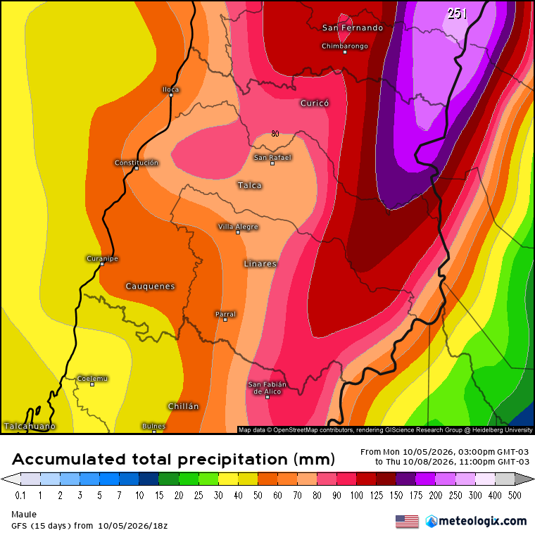 EdoWeatherman's tweet photo. Actualización alerta por lluvias intensas y anormales.

Un activo sistema frontal comienza a ingresar al continente, el cual producirá lluvia, muy intensa a ratos, en sectores de la zona central y sur.
Es importante señalar que las recientes actualizaciones muestran pulsos importantes en sectores de las regiones de Valparaíso, Metropolitana, O'Higgins y Maule. Los montos podrían superar los 60-80 mm en 24 horas, en algunas localidades de estas regiones. No se descartan eventuales 100 mm o más hacia interior y cordillera.
La región de Coquimbo concentrará la mayor cantidad en la parte sur con montos sobre 20-40 mm.
Desde Ñuble al sur se proyectan 35-75 mm en promedio.

Respecto al viento, será moderado de 40-60 km/hr, principalmente en costa.
En relación a tormentas eléctricas, el miércoles 7 se espera la mayor probabilidad, en interior de la zona central y sur. Sin embargo, el jueves también se esperan probables tormentas eléctricas. Cuidado porque estarían acompañadas de granizadas.

La isoterma se moverá entre 2200-2800 msnm, lo que puede causar complicaciones.

Será un evento anormal e intenso para octubre.