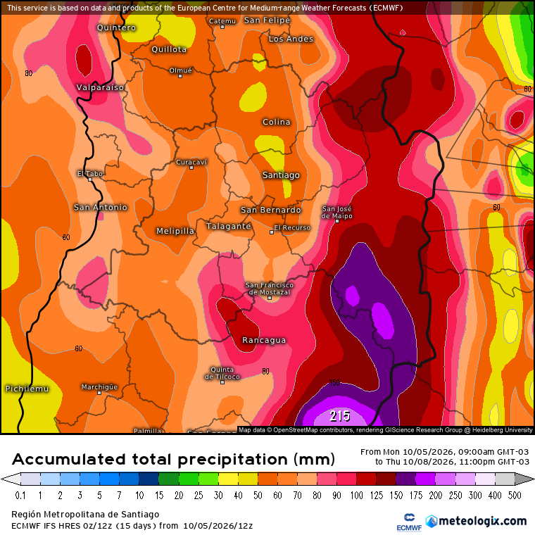 EdoWeatherman's tweet photo. Actualización alerta por lluvias intensas y anormales.

Un activo sistema frontal comienza a ingresar al continente, el cual producirá lluvia, muy intensa a ratos, en sectores de la zona central y sur.
Es importante señalar que las recientes actualizaciones muestran pulsos importantes en sectores de las regiones de Valparaíso, Metropolitana, O'Higgins y Maule. Los montos podrían superar los 60-80 mm en 24 horas, en algunas localidades de estas regiones. No se descartan eventuales 100 mm o más hacia interior y cordillera.
La región de Coquimbo concentrará la mayor cantidad en la parte sur con montos sobre 20-40 mm.
Desde Ñuble al sur se proyectan 35-75 mm en promedio.

Respecto al viento, será moderado de 40-60 km/hr, principalmente en costa.
En relación a tormentas eléctricas, el miércoles 7 se espera la mayor probabilidad, en interior de la zona central y sur. Sin embargo, el jueves también se esperan probables tormentas eléctricas. Cuidado porque estarían acompañadas de granizadas.

La isoterma se moverá entre 2200-2800 msnm, lo que puede causar complicaciones.

Será un evento anormal e intenso para octubre.