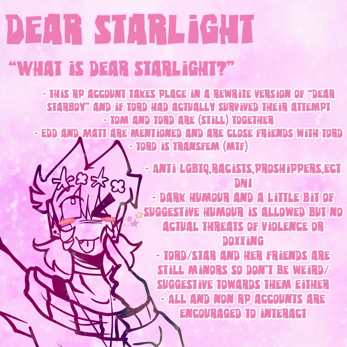 Dearstaryboy's tweet photo. Intro!~♡☆
☆ You can call me Tord or Star! 
ᜊ( ˶' ⩊ ' ˶)ᜊ
☆ I love Lucky Star, Flower crowns, Pastels, Kittyboy and Cherries
☆ She/Her!!

" I'm with the stars now!🩷💫 "
(DNI PROSHIPS + read second slide for more info)
#eddsworldrp #dearstarboy #intro https://t.co/Oytda2p7s4