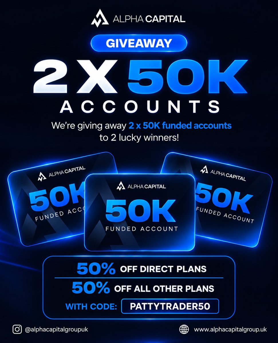 Patirrow's tweet photo. Big Giveaway with @AlphaCapitalUK I’m giving 2x50k for my community 

How to Join: 
• Follow @Patirrow &amp; @AlphaCapitalUK 
• Retweet this post 
• Tag 3 followers 

Also we run a 50% off Use Code : Pattytrader50 

https://t.co/giphbIK0jN https://t.co/qYK2OhKHJp