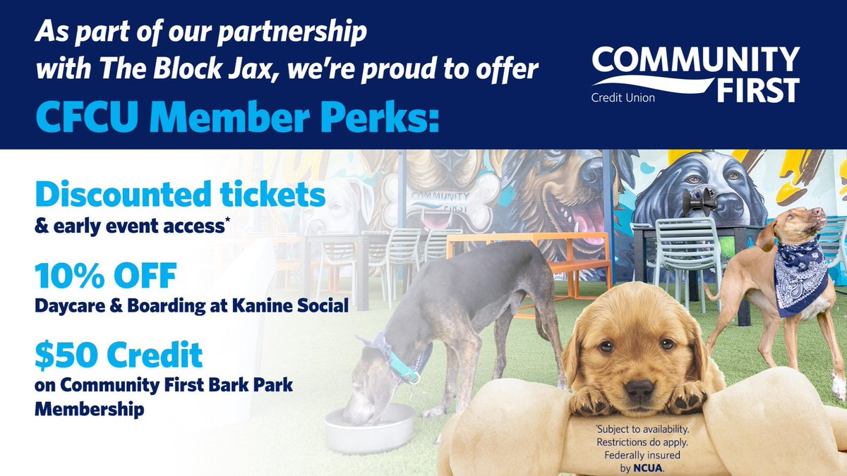 CommFirstCU's tweet photo. 🐾 Calling all pet parents! 

Thanks to our partnership with The Block Jax, you and your furry friend can enjoy exclusive member perks that are sure to keep tails wagging. 🐶 🦴 

Learn more: https://t.co/CBNLtfJyMq https://t.co/NtTOSIIGmi