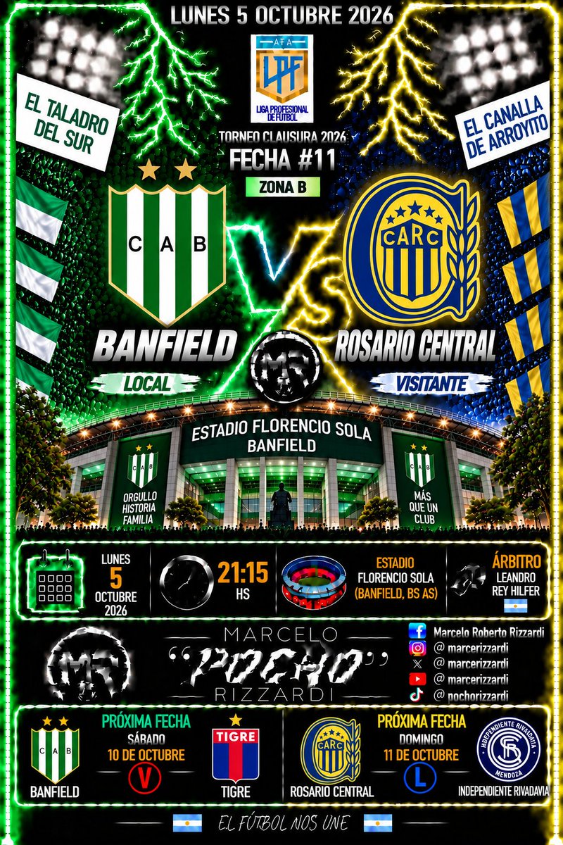 marcerizzardi's tweet photo. TORNEO CLAUSURA @LigaAFA 🇦🇷 2️⃣0️⃣2️⃣6️⃣ (Fecha 1️⃣1️⃣) ZONA 🅱️ en el sur del Gran Buenos Aires a las 21:15 hs cierran la fecha el #Taladro recibiendo al #Canalla
@CAB_oficial 🆚️ @RosarioCentral
#Banfield #LPF 🇦🇷 #RosarioCentral https://t.co/f8f4ibIVcX